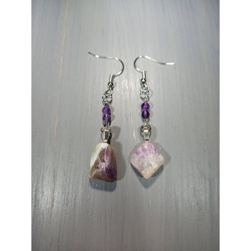 Purple Fluorite Gemstone Drop Earrings‎ Nickel Free Silver Tone Boho Dangle